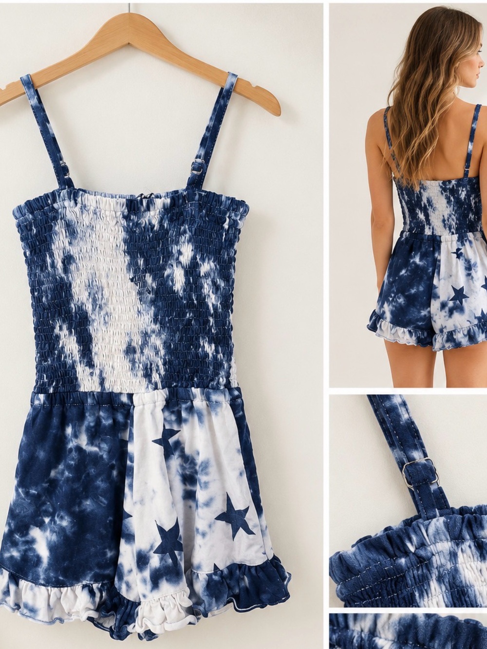 FBZ Flowers By Zoe size 4 Girls Navy White Tie-Dye Stars One-Piece Shorts Romper
